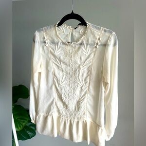 Zara Embroidered Cream Blouse Long Sleeve Size XS
